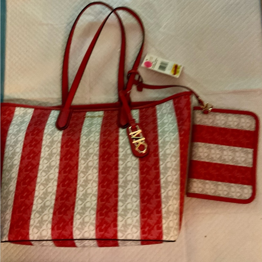 Michael Kors Eliza Red and White Striped Tote with Sparkly Finish